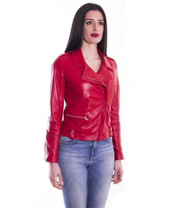 Red Color Lamb Leather Biker Jacket Smooth Effect