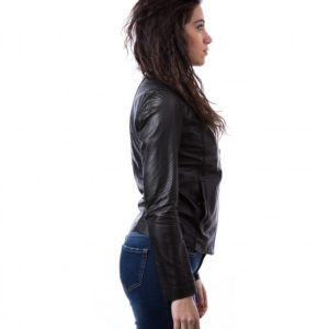 Black Color Nappa Lamb Perforated Leather Short Jacket Smooth Effect