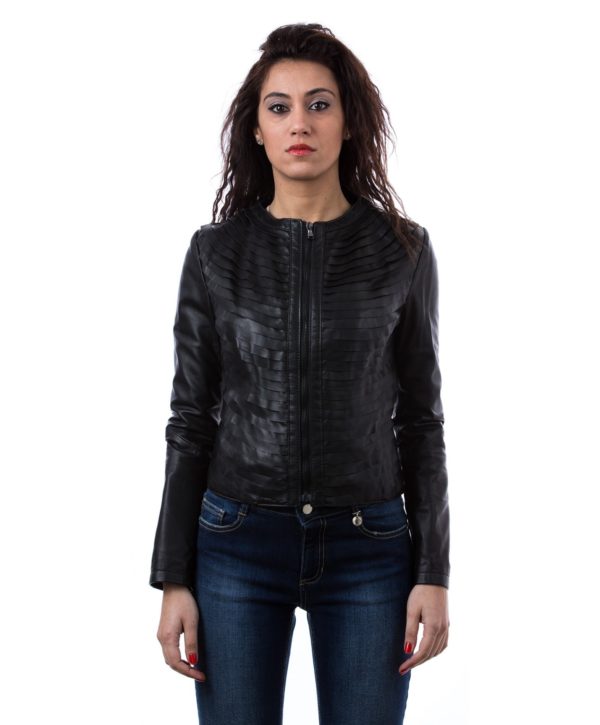 Black Color Nappa Lamb Leather Rouches Jacket Smooth Effect