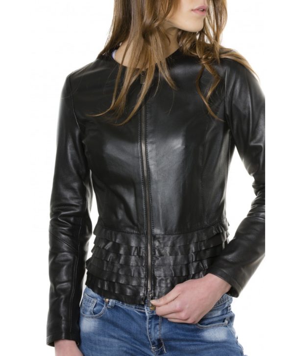 Black Color – Nappa Lamb Leather Rouches Jacket Smooth Effect