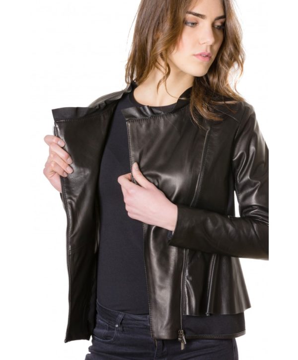 Black Color Nappa Lamb And Fabric Rouches Jacket Smooth Effect