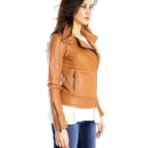 Tan Color Nappa Lamb Leather Biker Jacket Smooth Effect