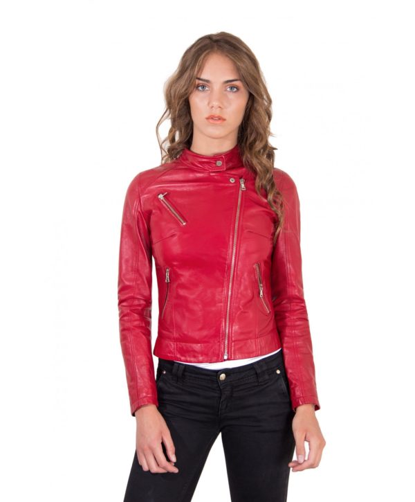 Red Color Lamb leather Biker Jacket Soft Smooth Effect