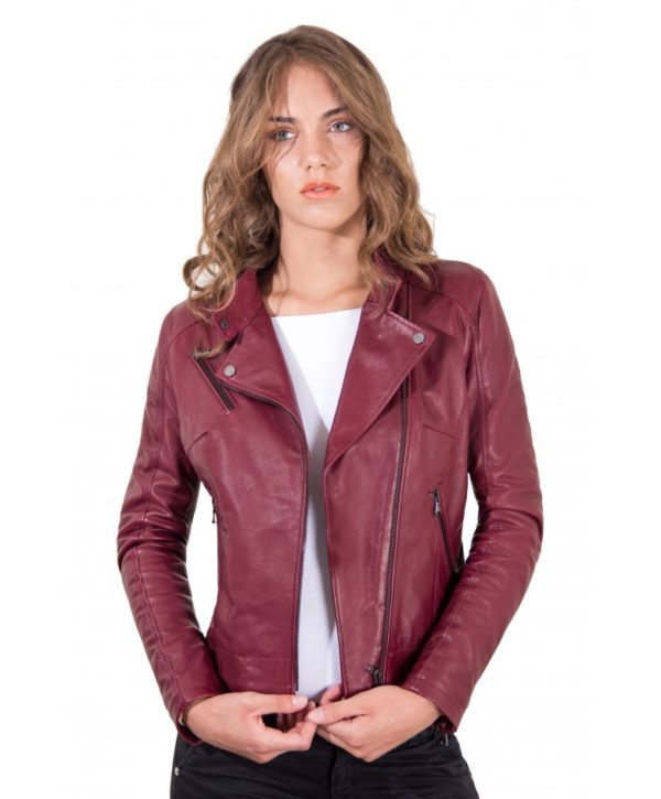 Red Purple Color Lamb Leather Biker Jacket Soft Vintage Effect