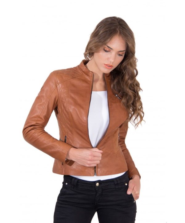 Tan Color Lamb Leather Quilted Biker Jacket Vintage Effect