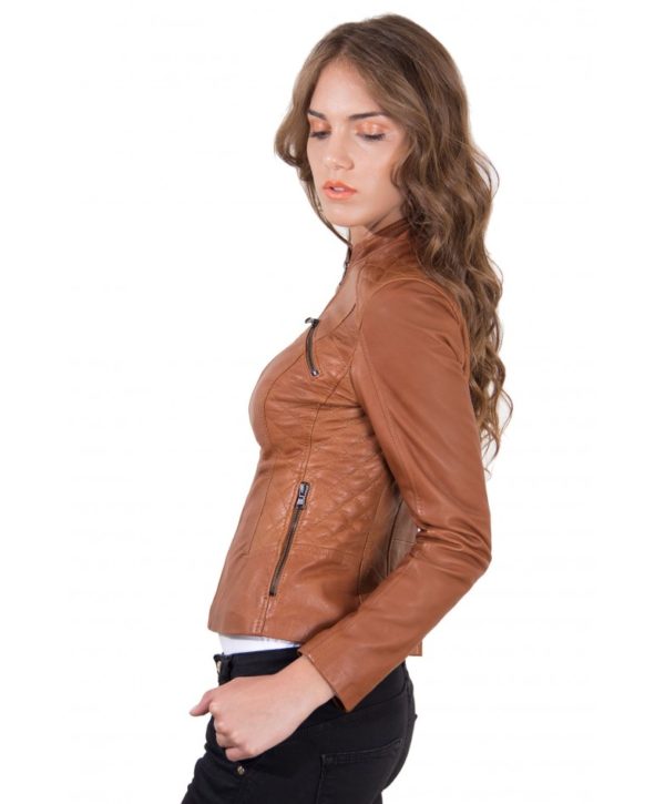 Tan Color Lamb Leather Quilted Biker Jacket Vintage Effect
