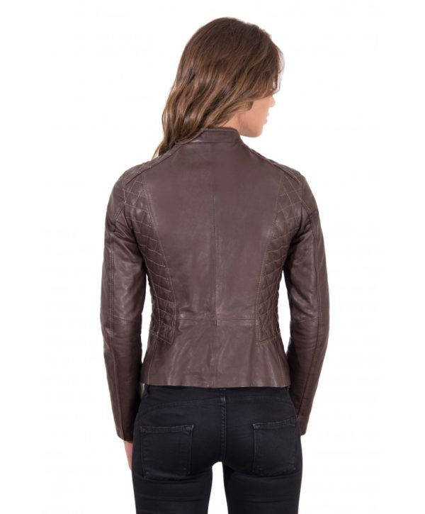 Brown Color Lamb Leather Quilted Biker Jacket Vintage Effect