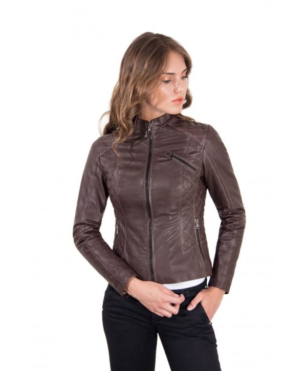 Brown Color Lamb Leather Quilted Biker Jacket Vintage Effect