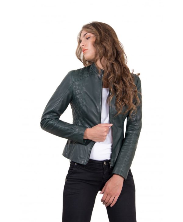 Green Color Lamb Leather Quilted Biker Jacket Vintage Effect