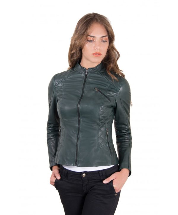 Green Color Lamb Leather Quilted Biker Jacket Vintage Effect