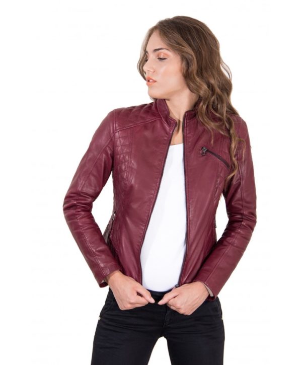 Red Color Lamb Leather Quilted Biker Jacket Smooth Effect