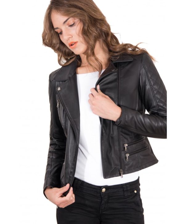 Black Color Lamb Leather Quilted Jacket Soft Nappa Smooth Effect