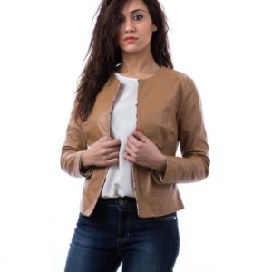 Tan Color Nappa Lamb Leather Short Jacket Smooth Effect