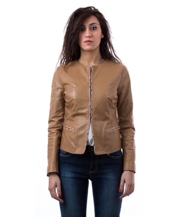 Tan Color Nappa Lamb Leather Short Jacket Smooth Effect