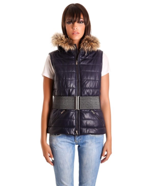 Blue Color Nappa Lamb Leather Sleeveless Hooded Jacket Smooth Effect