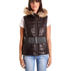 Brown Color Nappa Lamb Leather Sleeveless Hooded Jacket Smooth Effect