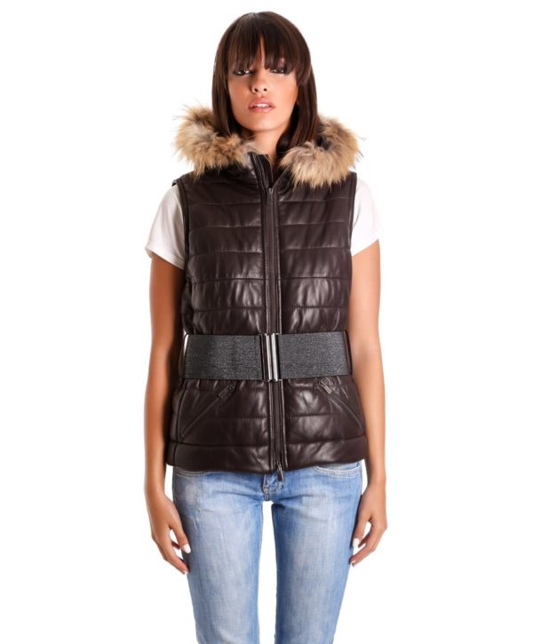 Brown Color Nappa Lamb Leather Sleeveless Hooded Jacket Smooth Effect