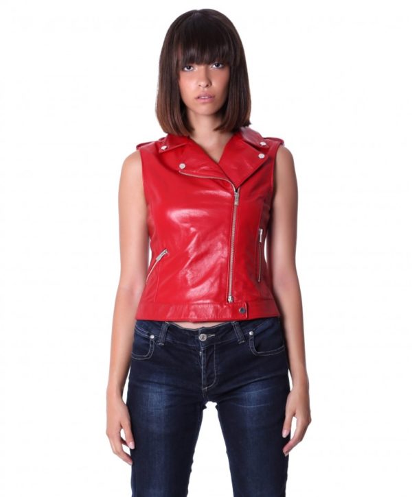 Red Color Nappa Lamb Leather Sleeveless Biker Jacket Smooth Effect