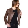 Brown Color  Lamb Leather Biker Quilted Jacket Smooth Effect
