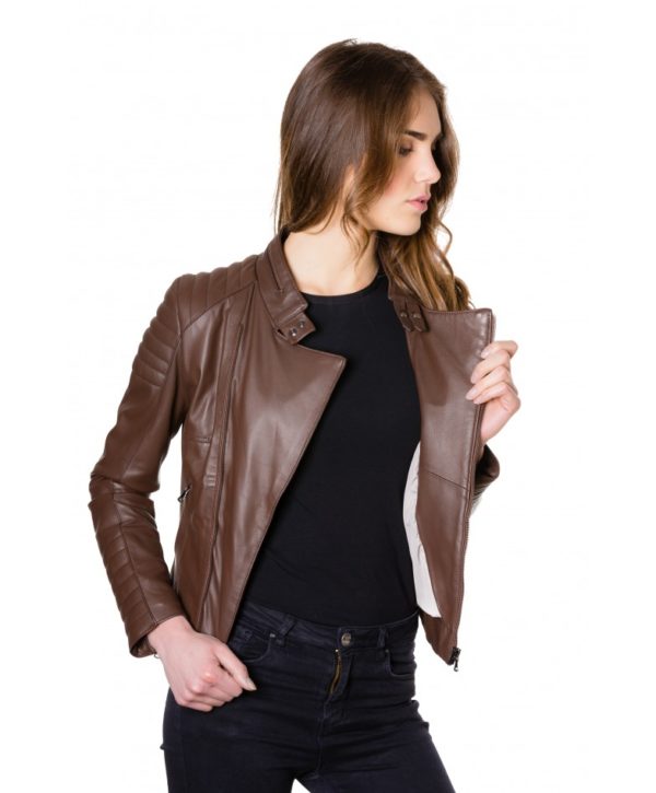 Brown Color  Lamb Leather Biker Quilted Jacket Smooth Effect