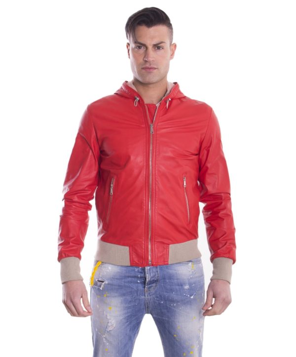 Red Lamb Leather Hooded Bomber Jacket