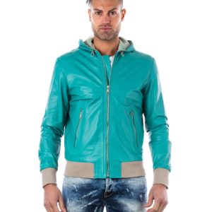 Green Lamb Leather Hooded Bomber Jacket