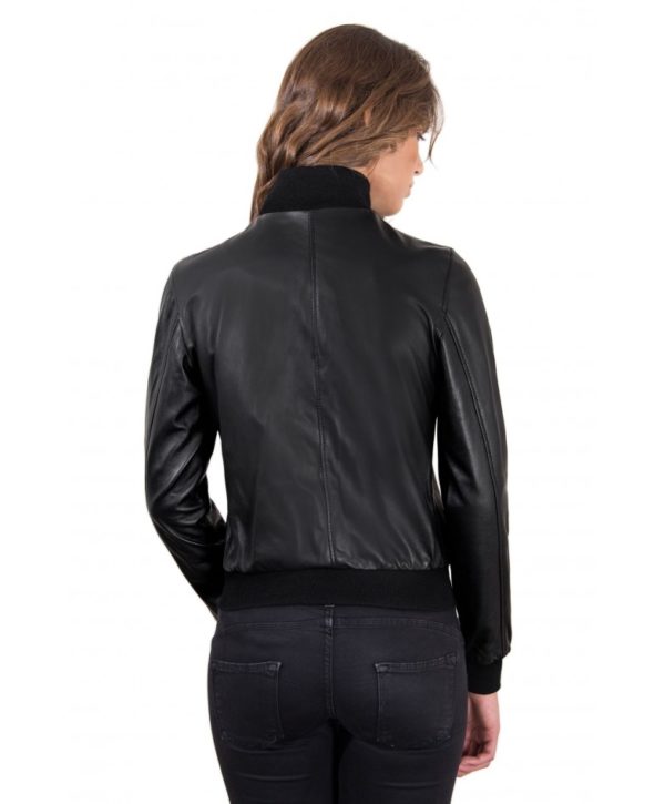 Black Color Lamb Leather Bomber Jacket Smooth Effect