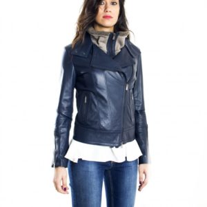 Blue Color Nappa Lamb Leather Biker Jacket Smooth Effect