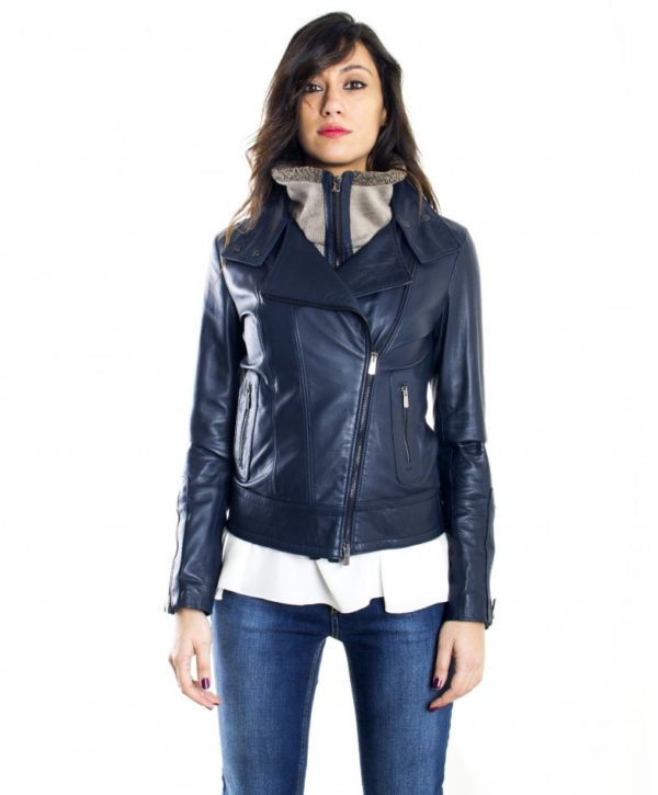 Blue Color Nappa Lamb Leather Biker Jacket Smooth Effect