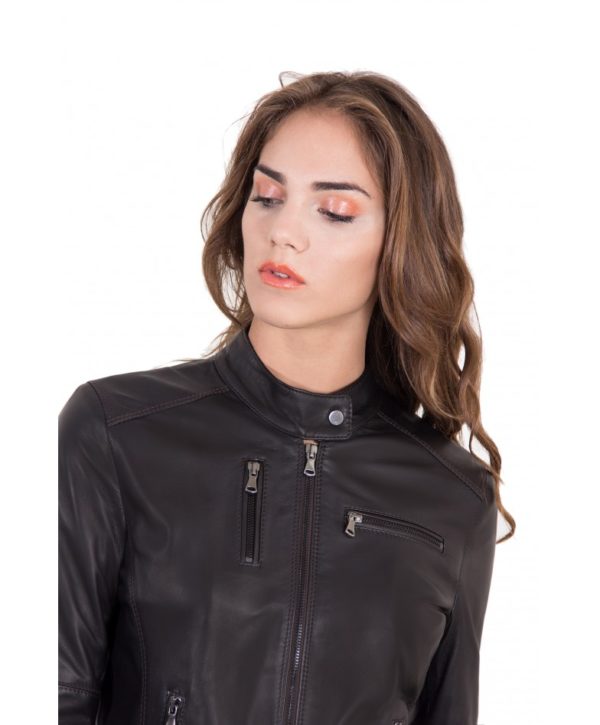 Dark Brown Color Leather Jacket Biker Nappa Lamb Smooth Effect