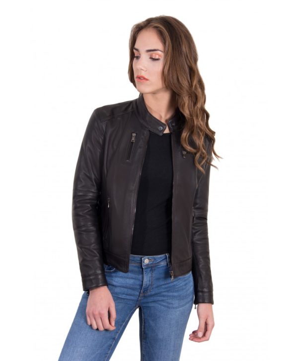 Dark Brown Color Leather Jacket Biker Nappa Lamb Smooth Effect