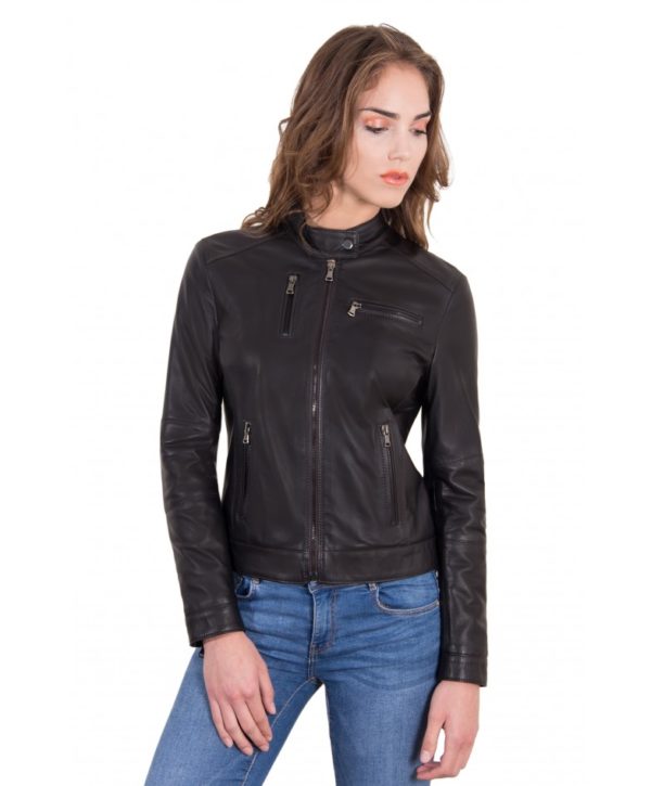 Dark Brown Color Leather Jacket Biker Nappa Lamb Smooth Effect