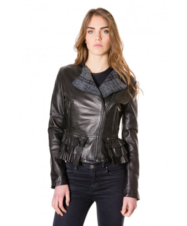 Black Colour Nappa Lamb Leather Perfecto Jacket Smooth Aspect