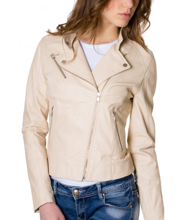 Beige Color Lamb Leather Biker Jacket Soft Smooth Effect