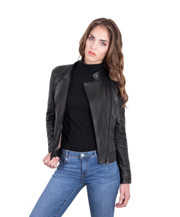 Black Color Lamb Leather Biker Jacket Soft Smooth Effect