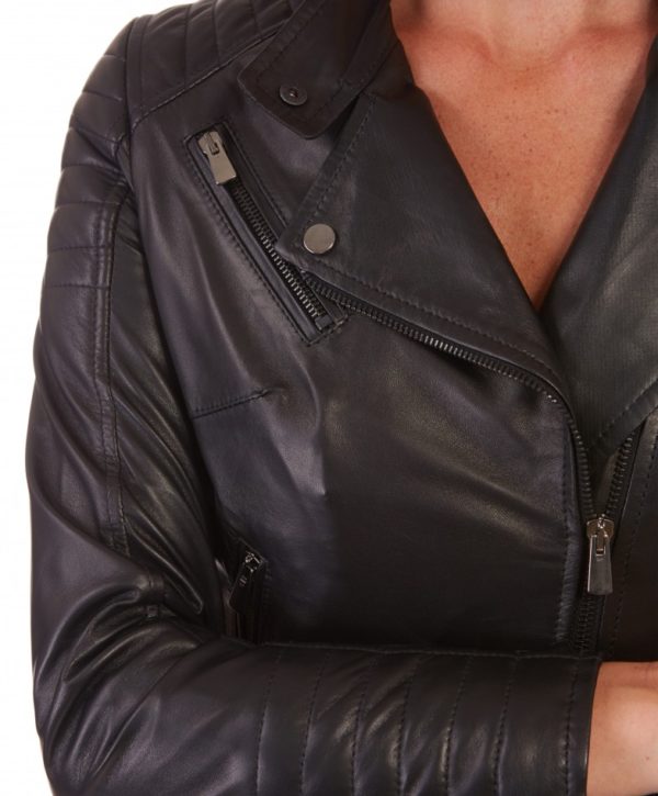 Black Color Lamb Leather Biker Quilted Jacket Smooth Effect