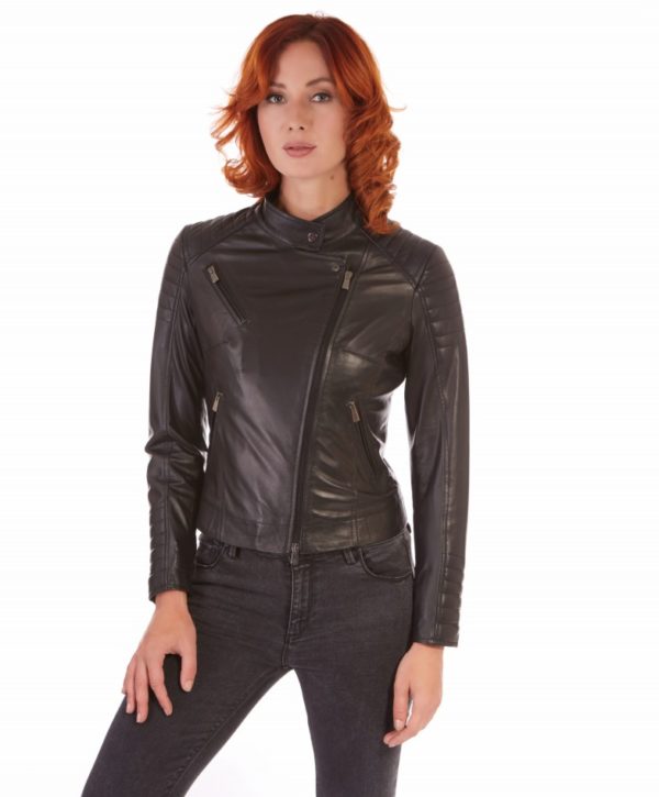 Black Color Lamb Leather Biker Quilted Jacket Smooth Effect
