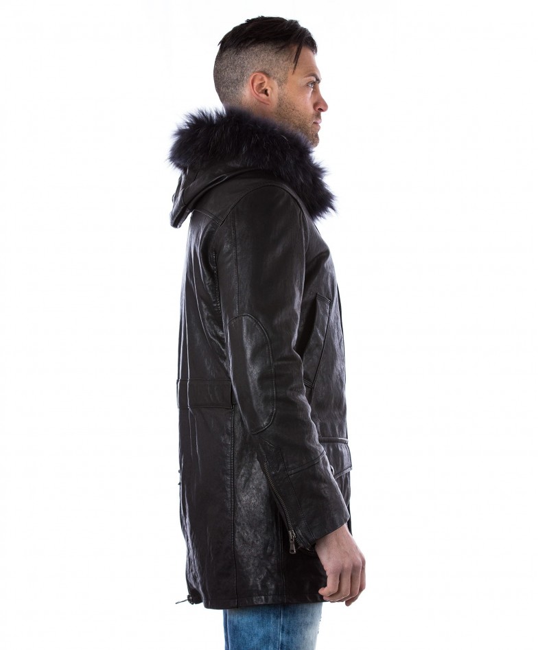 black leather jacket with fur hood