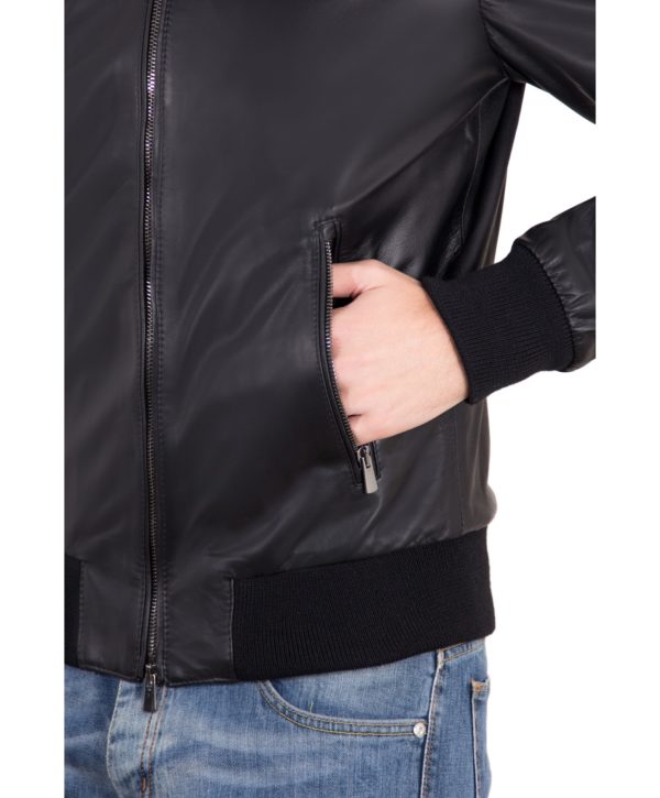 Black Lamb Leather Hooded Bomber Jacket