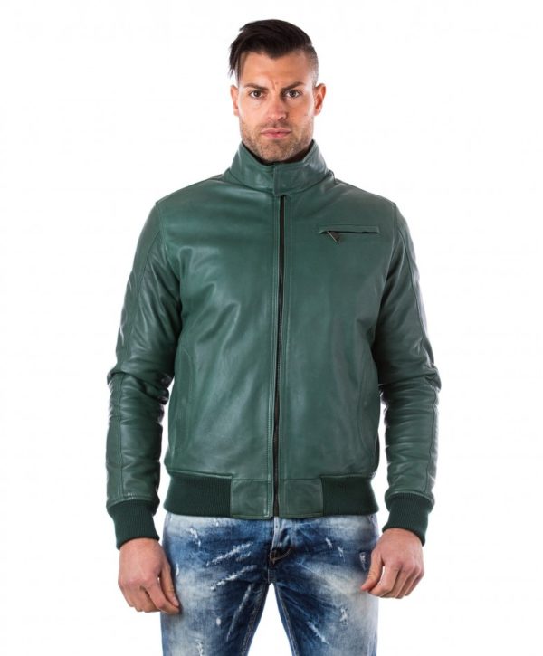 men-s-leather-jacket-genuine-soft-leather-style-bomber-bicolor-wool-cuffs-and-bottom-one-zip-pocket-green-color-thil