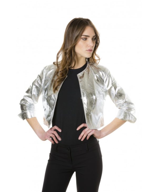 Silver Color Lamb Leather Round Neck Short Jacket