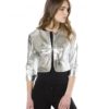 Silver Color Laminated Nappa Lamb Leather Round Neck Short Jacket