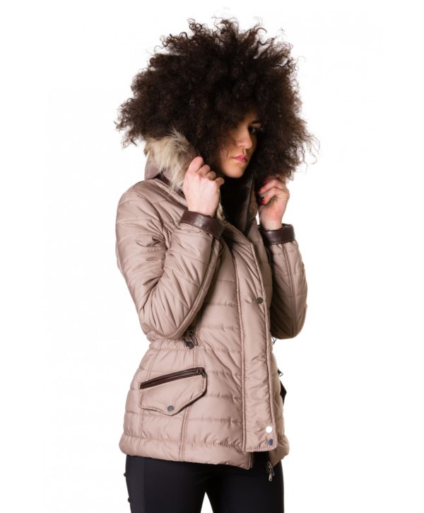 Beige Color Fabric Down Hooded Jacket Lamb Leather