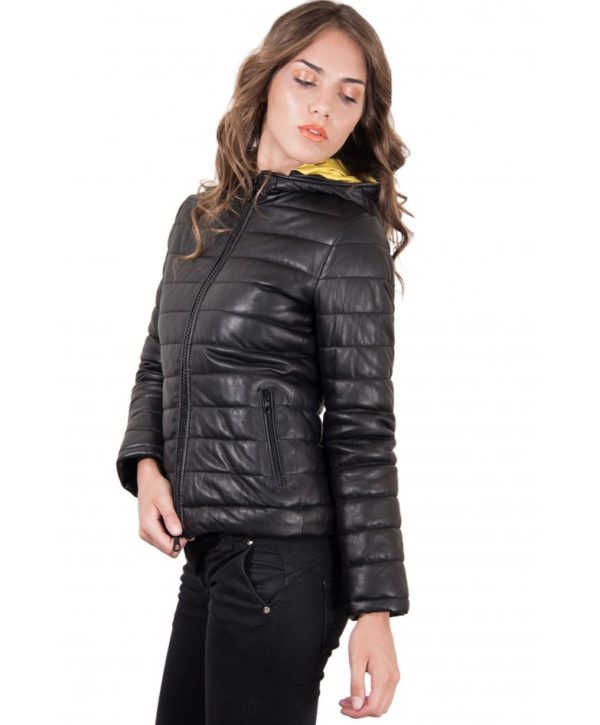 Black Color Nappa Lamb Leather Down Jacket Smooth Effect