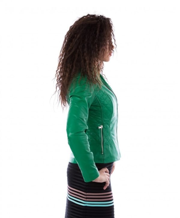 Green Color Lamb Leather Quilted Biker Jacket Smooth Effect